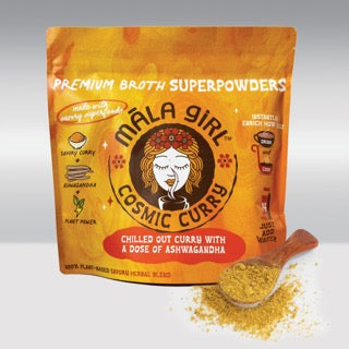 Mala Girl Broths Cosmic Curry superfood broth powder in a 1lb bag with spoons, showcasing vibrant turmeric and spice blend.