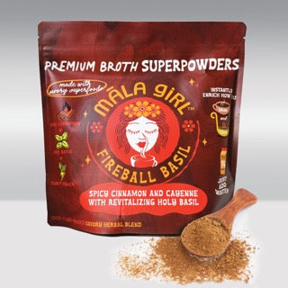 Māla Girl Broths Superfood Instant Broth Powder in 1lb bag with spoons, featuring spicy cinnamon and holy basil for flavorful herbal broth.