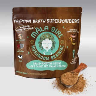 Māla Girl Broths Mushroom Instant Broth Powder with porcini, reishi, and lion’s mane, shown in a small bag with spoons.