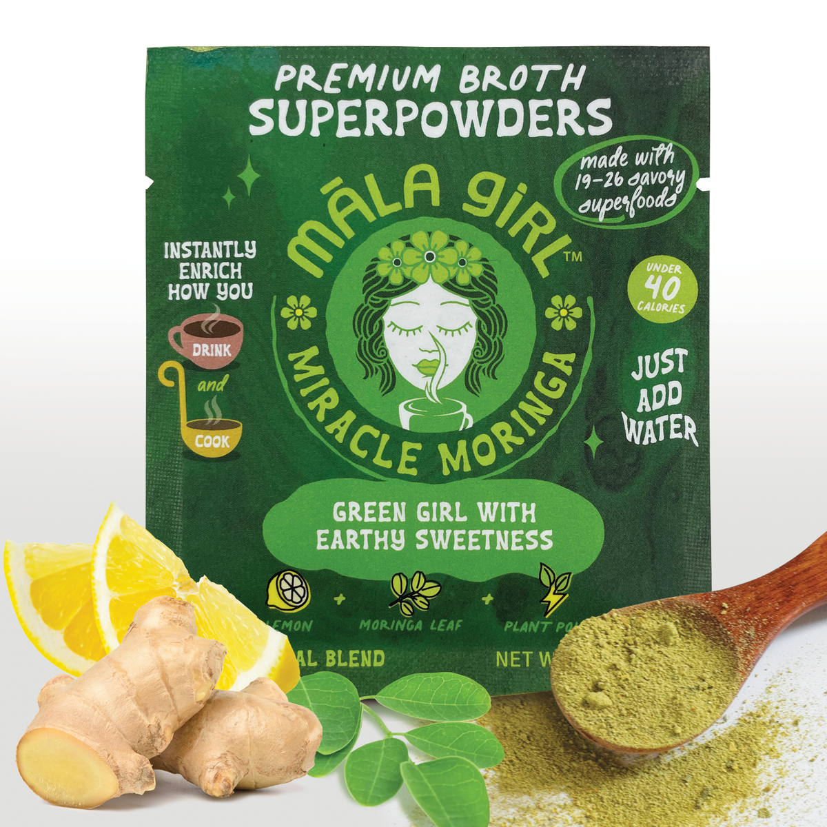 Māla Girl Broths Miracle Moringa Superfood Broth powder in a jar, featuring vibrant green Moringa leaves and the product label.