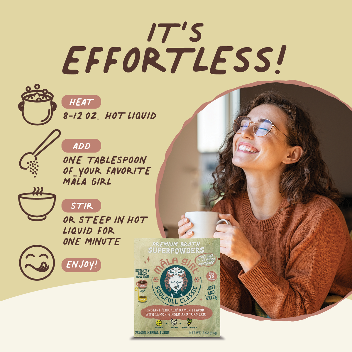Mala Girl Broths Soulfull Classic Superfood Broth Powder in a jar, showing the vibrant label and powder inside.