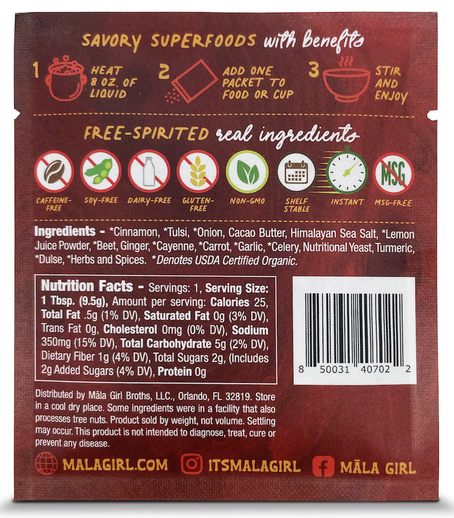 Single Serving. Looking for a kick? This blend of hot and spicy with a kick of cinnamon is for you! Incredibly savory with the perfect hint of fresh basil to brighten it up! PROMOTES LONGEVITY * HEALTHY MIND, BODY AND SPIRIT, IMMUNITY