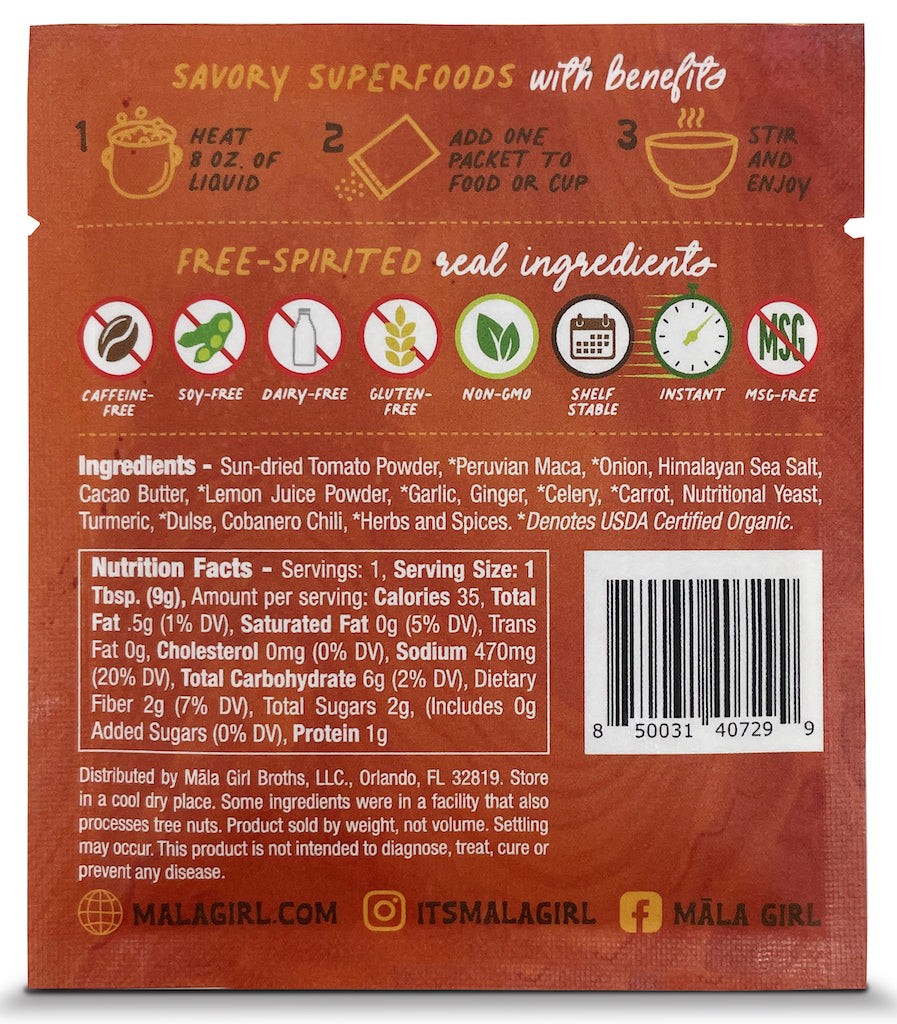 This dancing chili tomato is blended with Peruvian maca powder, single-origin Cobanero chili from Guatemala, and sun-dried tomato powder from Turkey.