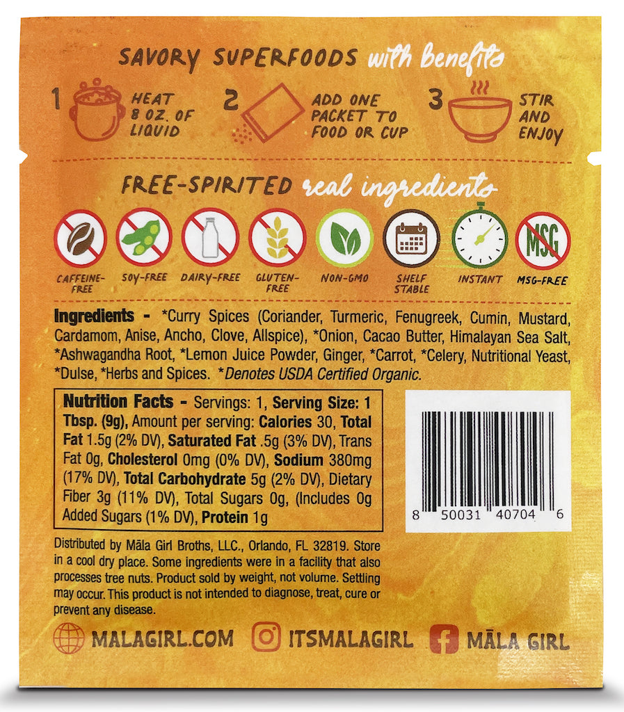 Single Serving. We love how turmeric mingles with curry... a little kick with a whole lot of flavor! Mix with your favorite dairy or plant milk for the perfect Curry Milk REVITALIZING BRAIN BOOSTER STRESS RELIEVING