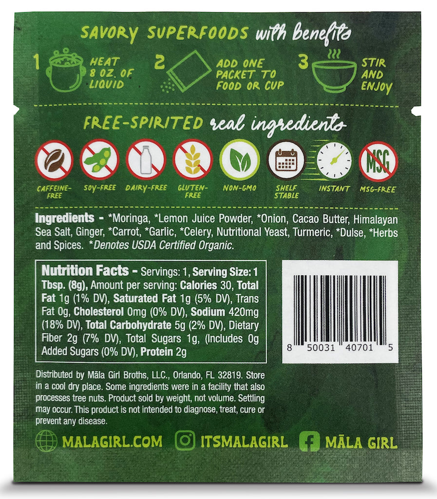 Love drinking green? Our moringa is balanced with lemon and acts as a natural energy booster...savory is where our miracle tree belongs. Sip up! *IMMUNITY BOOSTING *KNOWN TO IMPROVE DIGESTION Ingredients: cacao butter, lemon, moringa, himalayan salt, onion, ginger, garlic, celery, dulse, nutritional yeast, herbs and spices