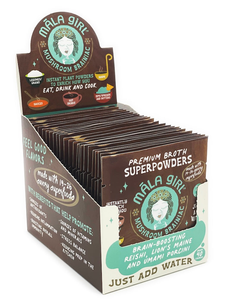 box with 25 single packets of mushroom brainiac