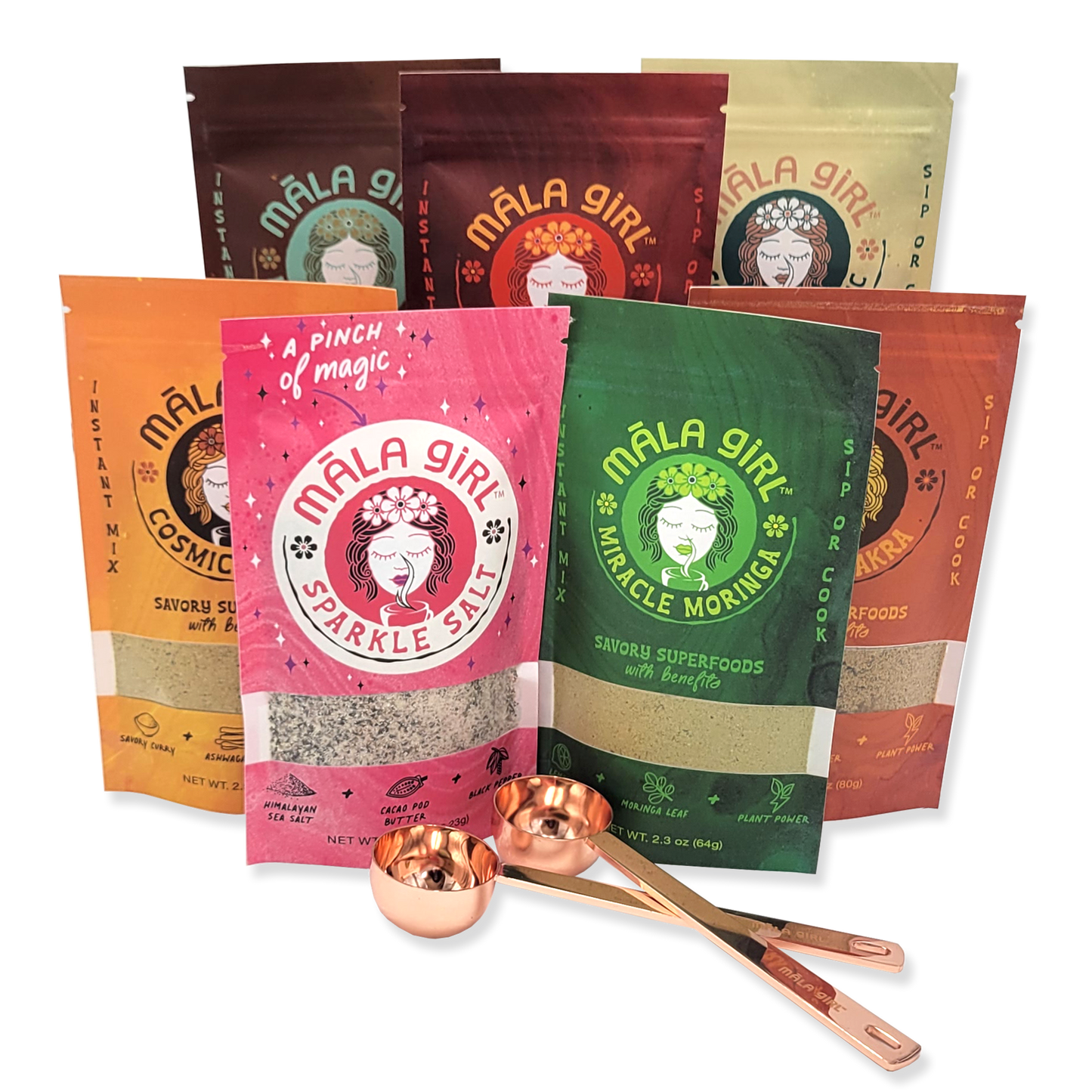 Perfect for family meal planning. The ultimate kitchen kit includes 8 serving bags of ALL Māla Girl Flavors including Sparkle Salt with 2 FREE measuring scoops! Soulfull Classic, Mushroom Brainiac, Cosmic Curry, Chili Chakra, Miracle Moringa and Fireball Basil now stocked in your pantry and ready to party with your favorite kettle or pot!