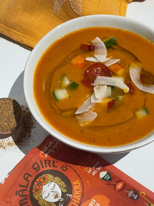 chilled carrot and pineapple soup with cucumber pico garnish 