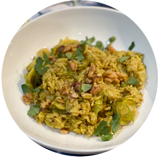 Curried Brussels Sprouts and Grape Pilaf