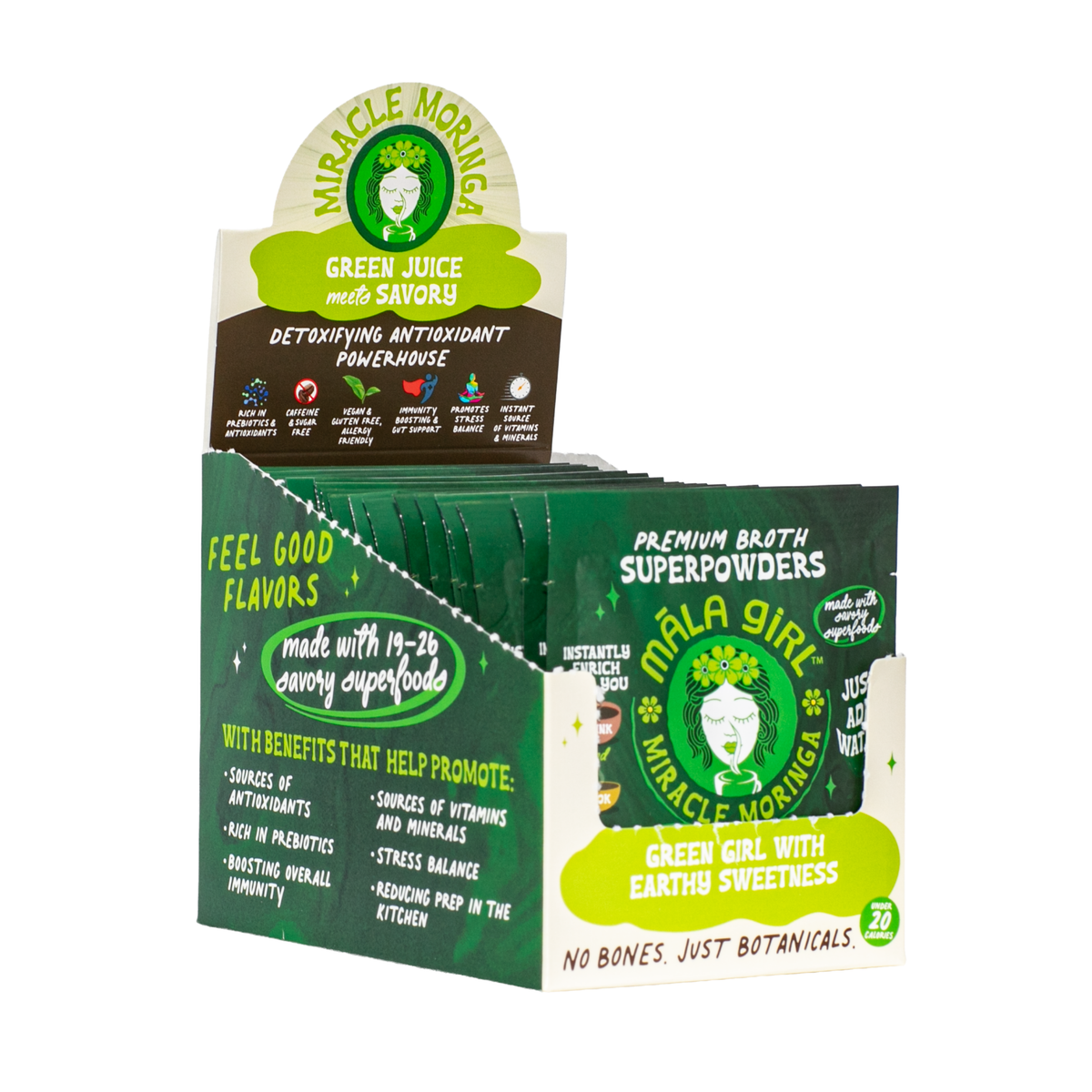 Māla Girl Broths Miracle Moringa Superfood Broth powder in a jar, showcasing vibrant green powder for healthy soup base.