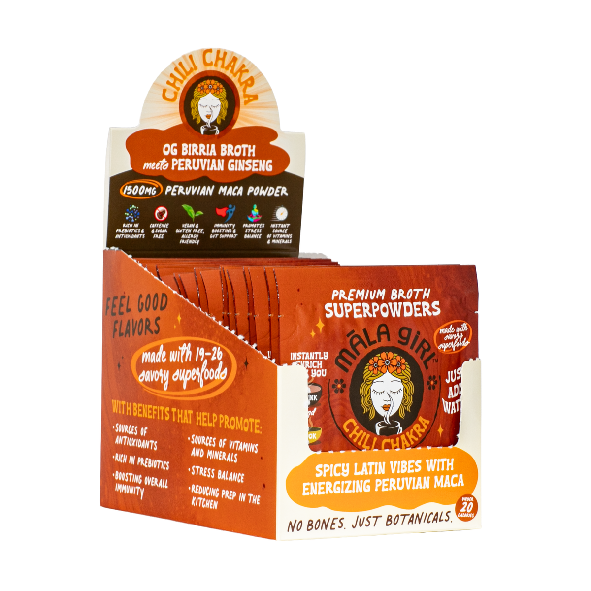 Chili Chakra Mala Girl Broths superfood broth powder in a jar, showing vibrant red chili and herbal ingredients in a close-up shot.