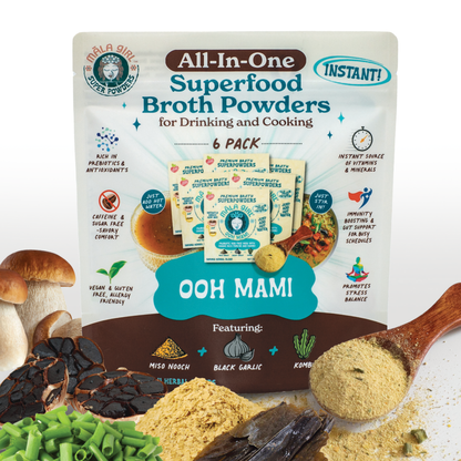 Ooh Mami Superfood Broth Powder by Mala Girl Broths in a clear jar, showing vibrant, nutritious powder for flavorful broth preparation.