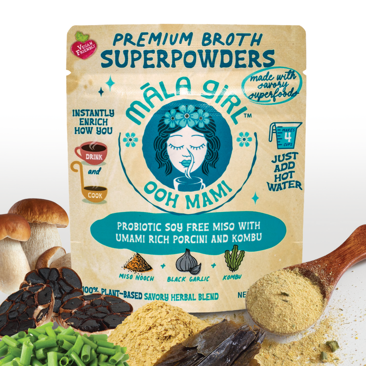 Ooh Mami Superfood Broth Powder by Mala Girl Broths in a clear jar, showcasing vibrant powder and fresh herbs on a wooden surface.