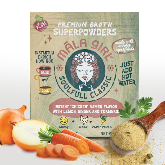 Mala Girl Broths Soulfull Classic Superfood Instant Broth Powder in a jar, featuring vibrant packaging and the broth powder inside.