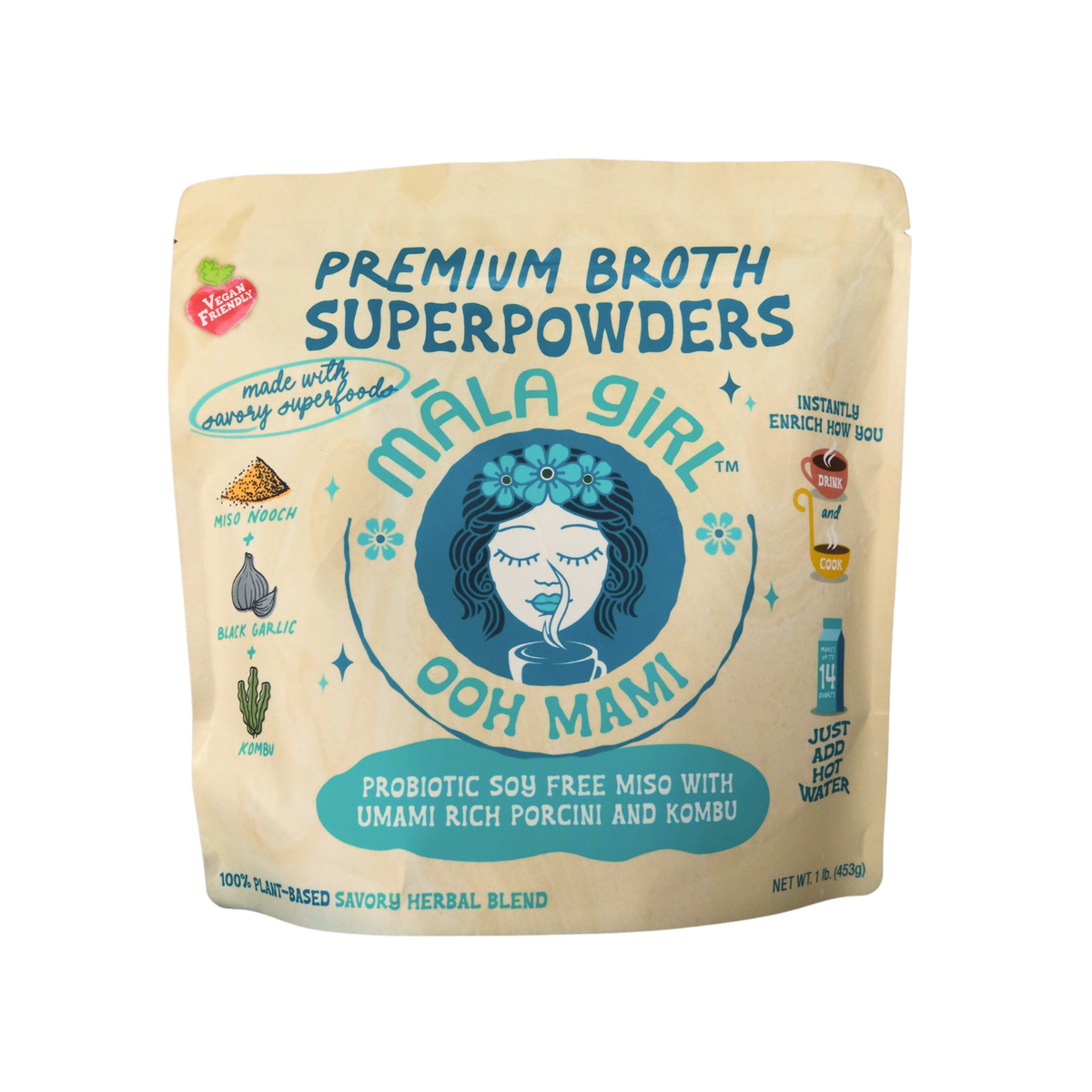 Ooh Mami Superfood Broth Powder in a 1-pound bag by Mala Girl Broths, showing the packaging for nourishing broth powder.
