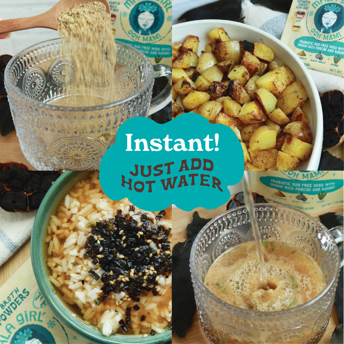 Mala Girl Broths Ooh Mami Superfood Broth Powder in a jar, highlighting vibrant packaging and fresh ingredients inside.