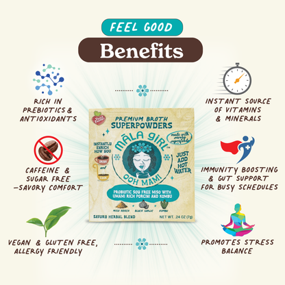 Mala Girl Broths Ooh Mami Superfood Broth Powder in a jar, showing the vibrant label and powder inside.
