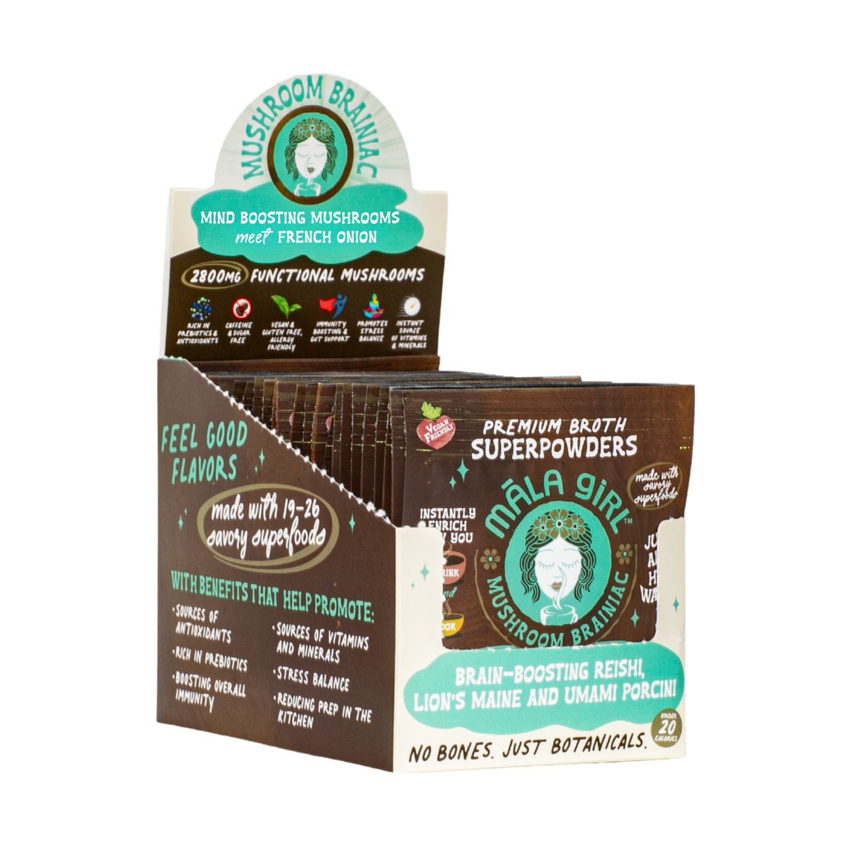 Mushroom Brainiac Superfood Broth Powder by Māla Girl Broths, close-up of the powdered broth in a clear container with label.