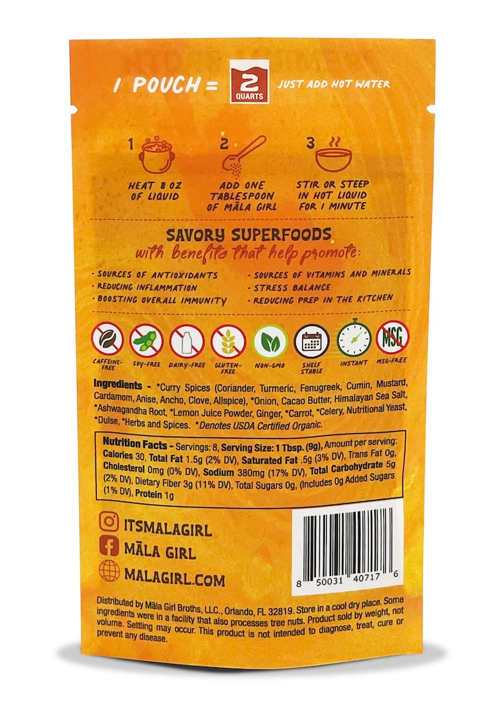 8 Serving Bag. We love how turmeric mingles with curry... a little kick with a whole lot of flavor! Mix with your favorite dairy or plant milk for the perfect Curry Milk REVITALIZING BRAIN BOOSTER STRESS RELIEVING