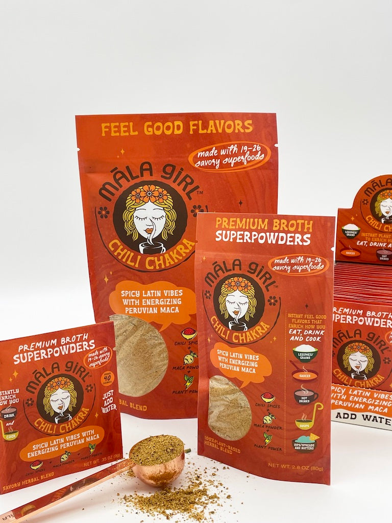 Group shot off all 3 sizes of chili chakra single serve packet, 8 and 36 serving bags