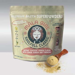 Mala Girl Broths Superfood Instant Broth Powder with Lemon Ginger and Turmeric in 1lb bags with spoons on a white background.