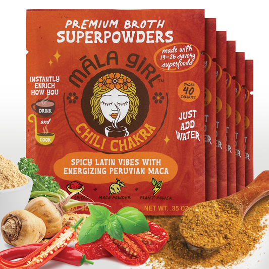 Chili Chakra Superfood Broth Powder by Mala Girl Broths, vibrant orange powder in a clear container, showcasing its spicy superfood blend.
