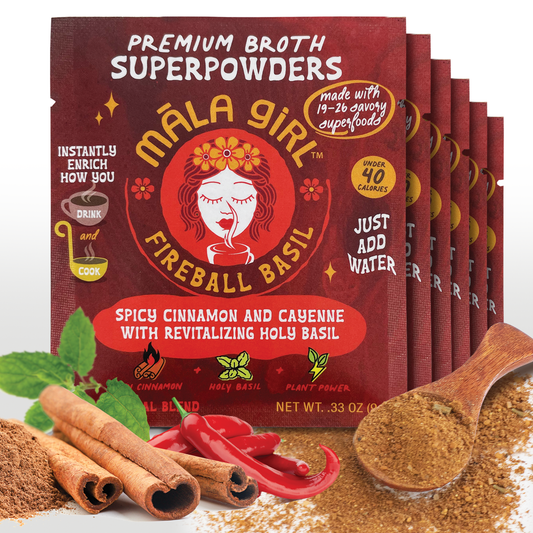 Fireball Basil superfood broth powder by Māla Girl Broths in a clear container with the powder visible inside.