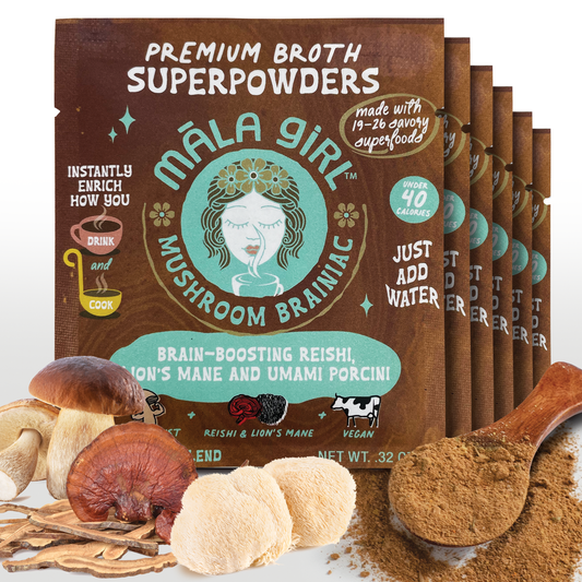 Māla Girl Broths Mushroom Brainiac Superfood Broth Powder in a resealable pouch, showcasing the vibrant packaging.