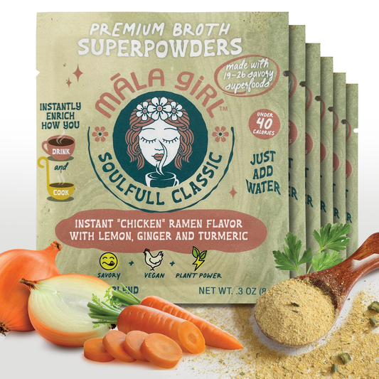 Mala Girl Broths Soulfull Classic Superfood Broth Powder in a jar, showing the label and product packaging.