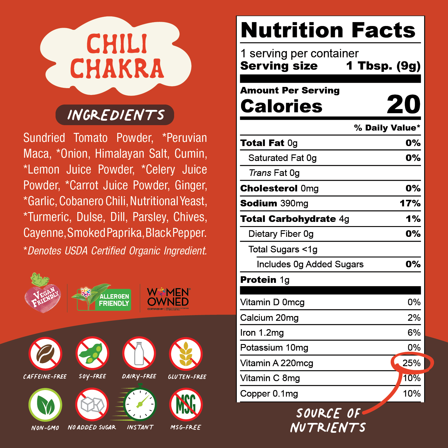 Nutrition facts for Chili Chakra Superfood Broth Powder