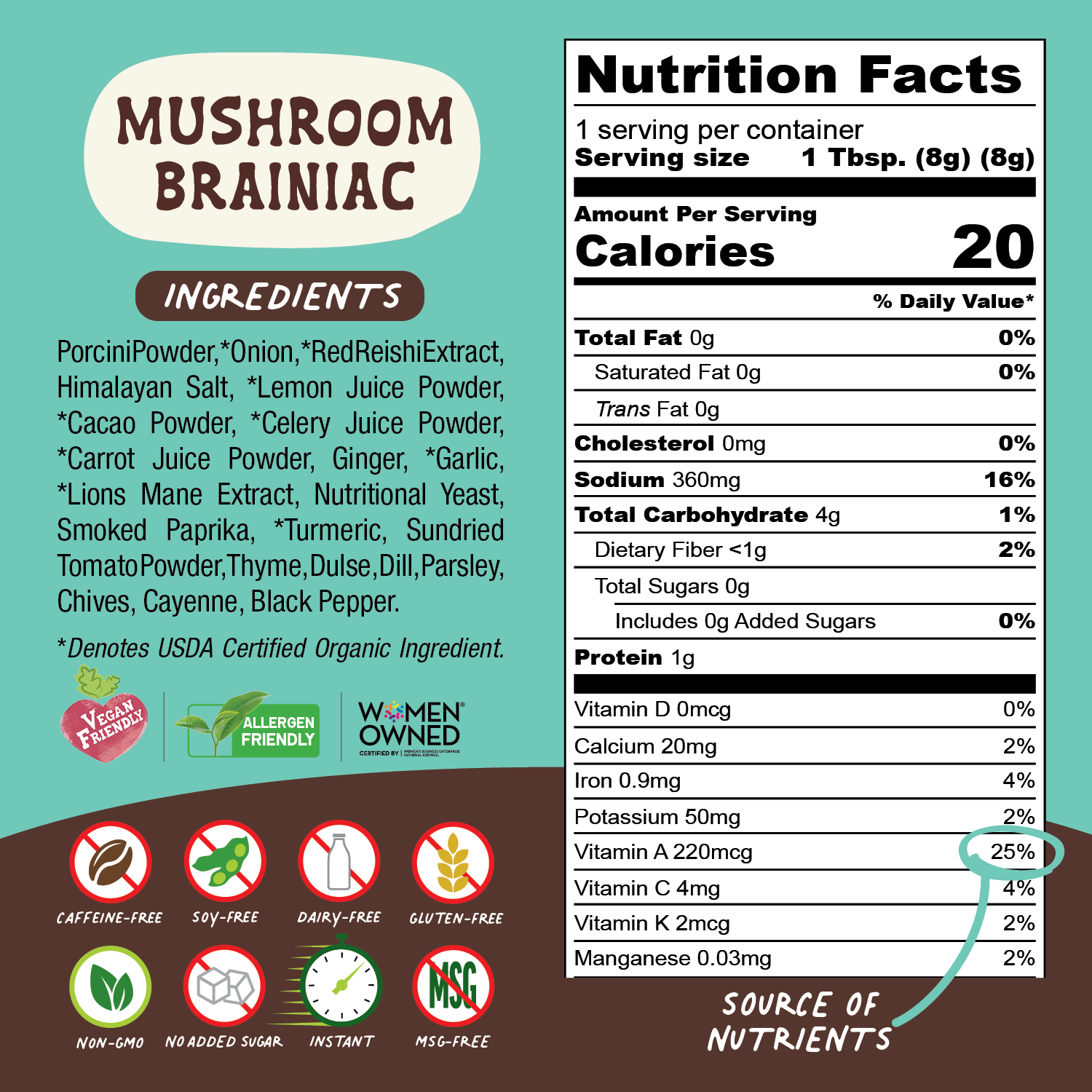 Nutrition facts for Mushroom Brainiac Superfood Broth Powder