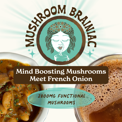 Māla Girl Broths Mushroom Brainiac Superfood Broth powder in a resealable pouch, showcasing the natural mushroom blend and packaging.