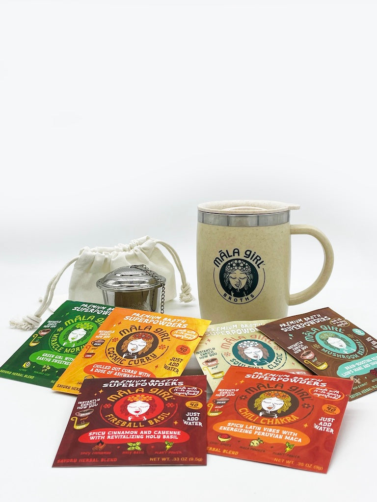The path to broth enlightenment starts here. With the Ultimate All Flavors Starter Kit. It’s everything you need to sink your soul into MālaGirl and to travel our world of flavors. Get yours today and you’ll be good-to-go for life. After that just come back and order broth packets as you like. Your heart will stay warm, and your cooking will taste better. And MālaGirl will forever be your savory soulmate.