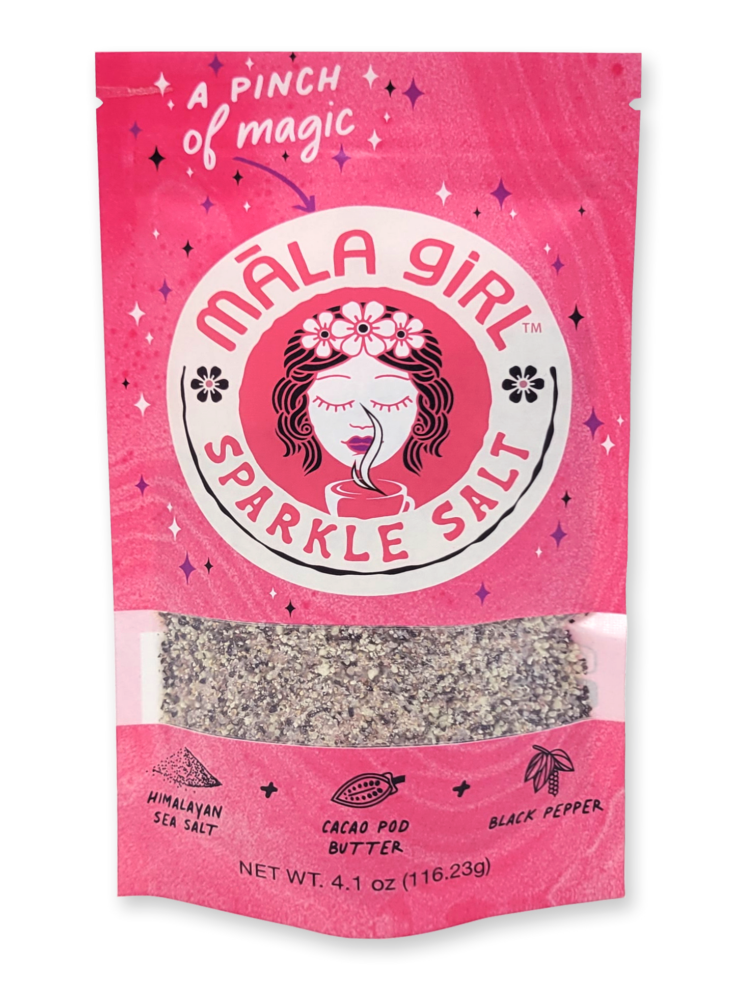Add a little sprinkle and let your food sparkle!  Introducing Sparkle Salt. The newest product from Māla Girl, and perhaps, one of our most versatile. It’s the perfect balance of Himalayan sea salt, black pepper and cacao butter. Uniquely delicious. Great for your favorite veggie dishes, for adding depth to poultry and meats, or for topping off your baked sweets for a little dash of salt and savory. Try our Sparkle Salt today. May your cooking sparkle and your soul shine!